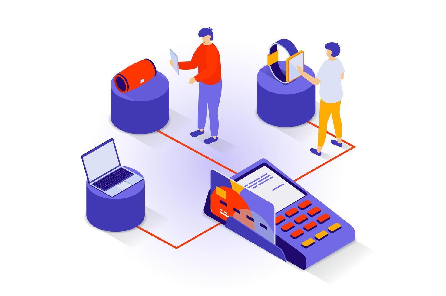 online Einkaufen Konzept im 3d isometrisch Design. Menschen wählen Neu Waren, Herstellung Einkäufe Geschäft Netz Seite und bezahlen im pos Terminal durch Karte. Vektor Illustration mit Isometrie Szene zum Netz Grafik