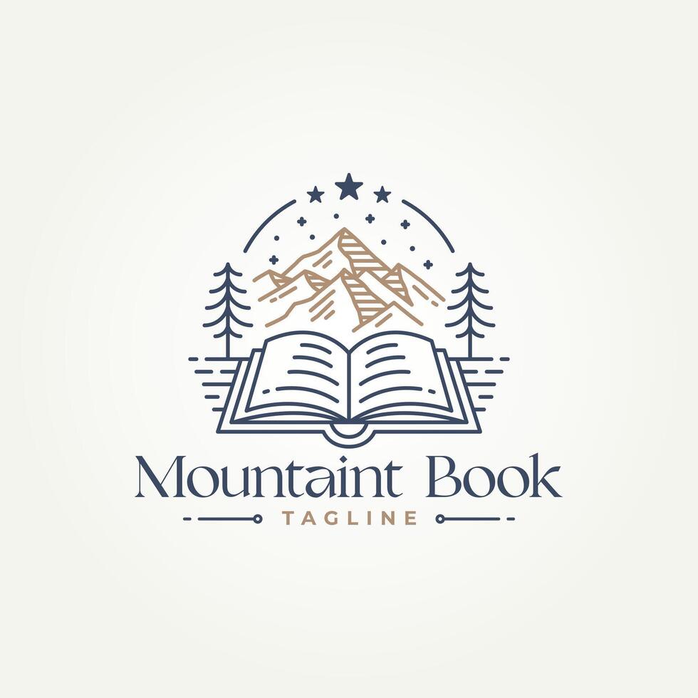 minimalistisk bok med berg naturens bibliotek linje konst ikon logotyp mall vektor illustration design. enkel modern äventyr, kunskap, utforskning, läsning logotyp begrepp