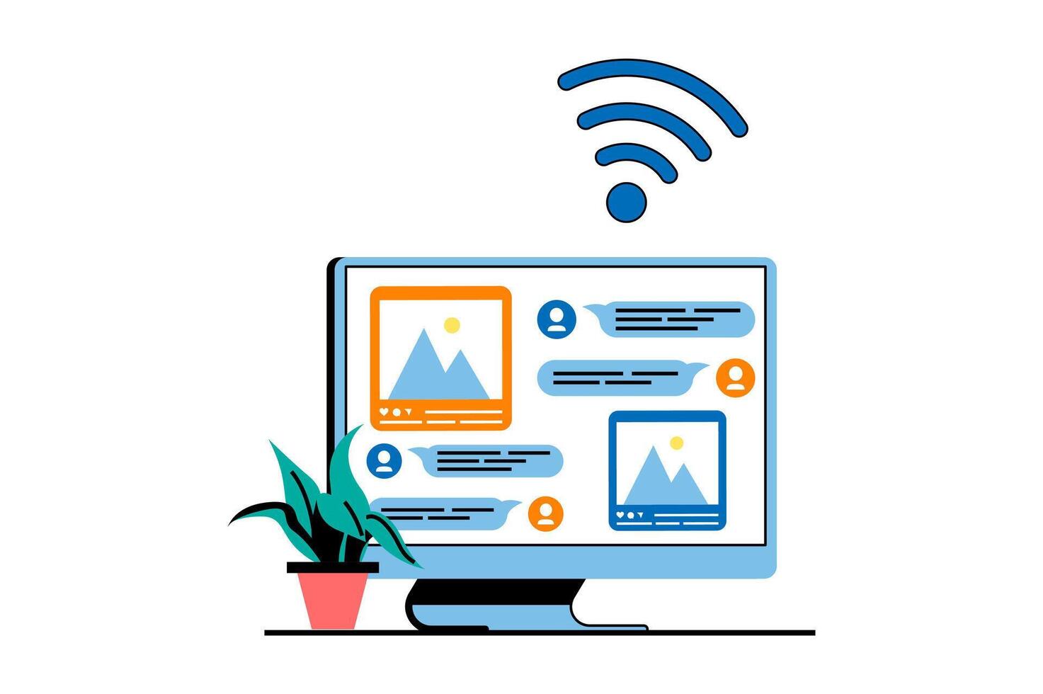 freiberuflich Konzept mit Menschen Szene im eben Netz Design. online Arbeiten beim Computer mit kabellos Verbindung und chatten mit Kunden. Vektor Illustration zum Sozial Medien Banner, Marketing Material.