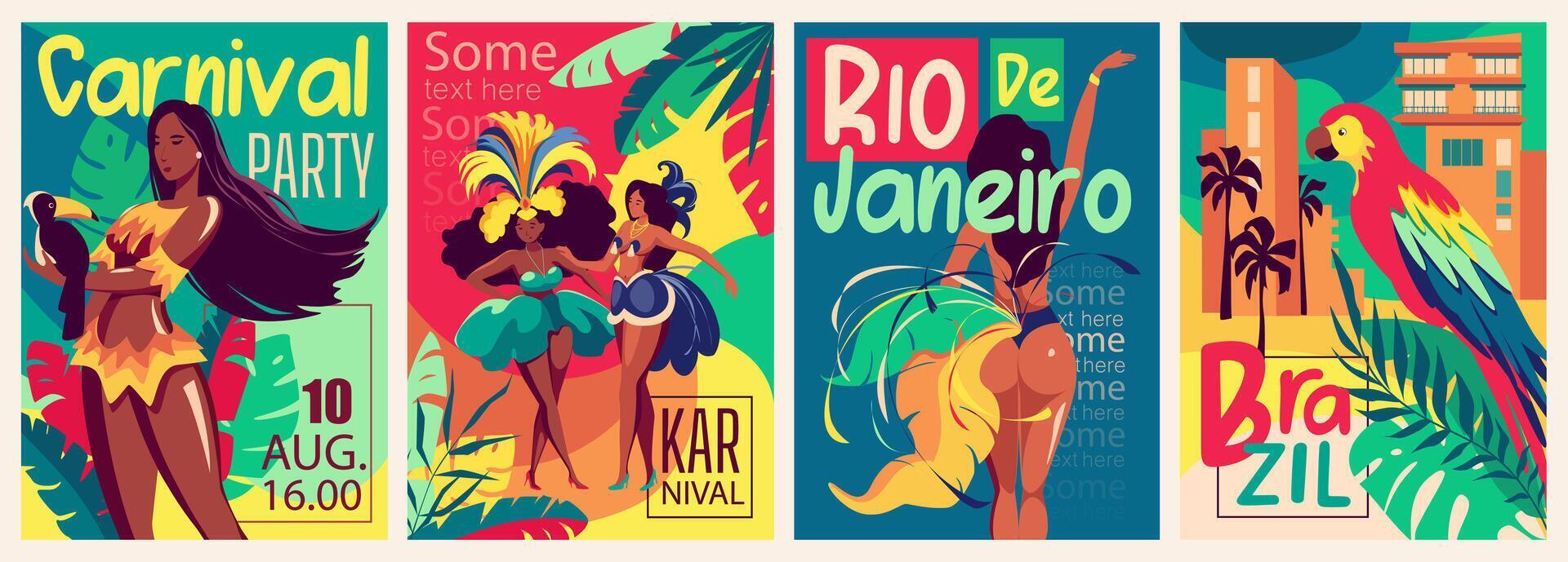 Brasilien Karneval Startseite Broschüre einstellen im modisch eben Design. Poster Vorlagen mit Frau im hell Festival Kostüme, Palmen und Papageien Dekoration, Einladungen zu traditionell Fall. Vektor Illustration.