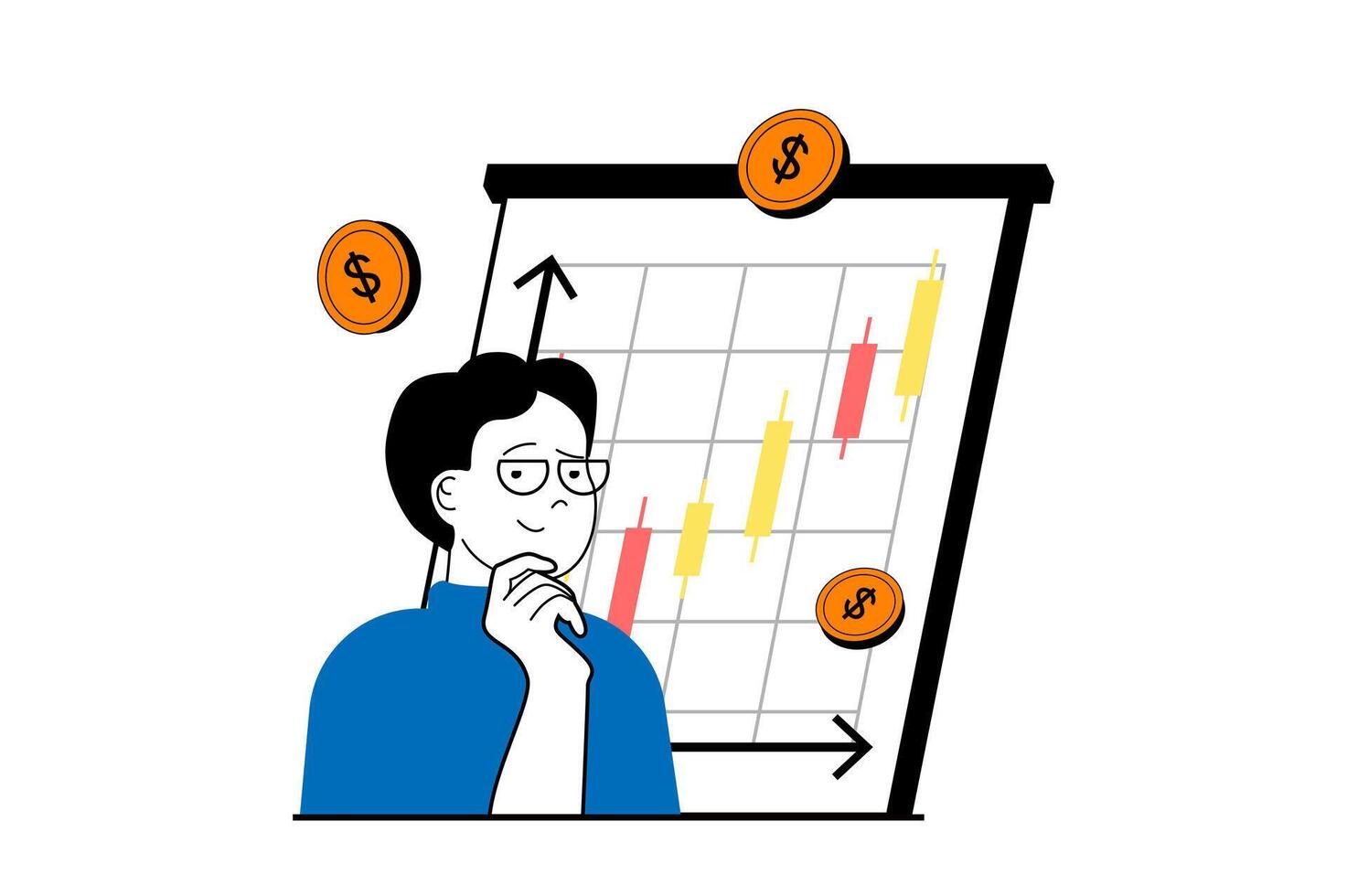 finansiera begrepp med människor scen i platt webb design. man analyserar finansiell data på Graf, framställning Rapportera med pengar förvaltning. vektor illustration för social media baner, marknadsföring material.