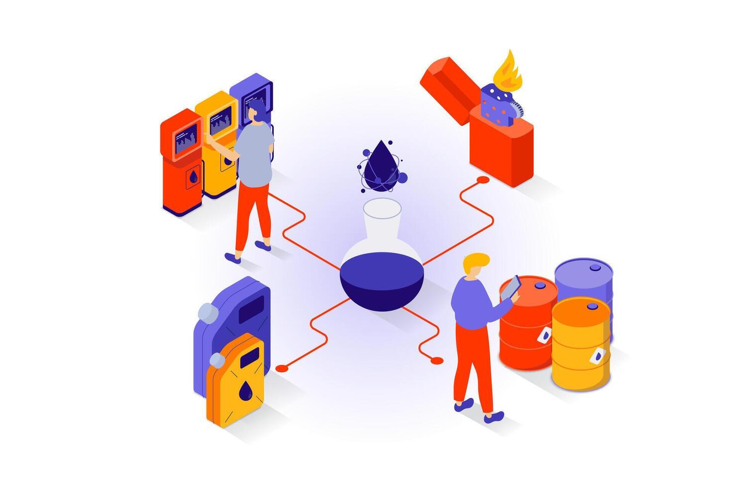 Öl Industrie Konzept im 3d isometrisch Design. Menschen recherchieren Produkt im Prüfung Röhren im Labor, Lager beim Fässer, Transportieren zum Gas Bahnhof. Vektor Illustration mit Isometrie Szene zum Netz Grafik