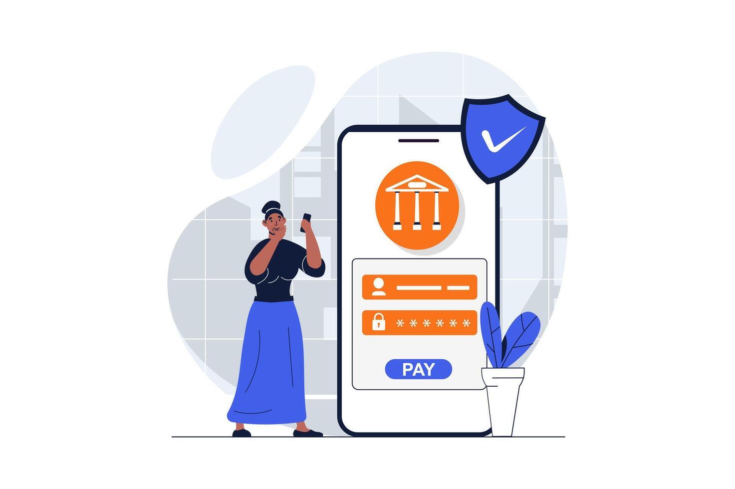 säkra betalning webb begrepp med karaktär scen. kvinna får tillgång med Lösenord till mobil bank för betalande. människor situation i platt design. vektor illustration för social media marknadsföring material.