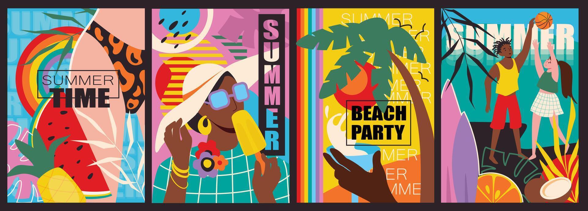 Sommer- Zeit Startseite Broschüre einstellen im modisch eben Design. Poster Vorlagen mit glücklich entspannen Menschen beim Strand Party, Essen Eis Sahne und Wassermelone und frisch Früchte, abspielen Volleyball. Vektor Illustration.