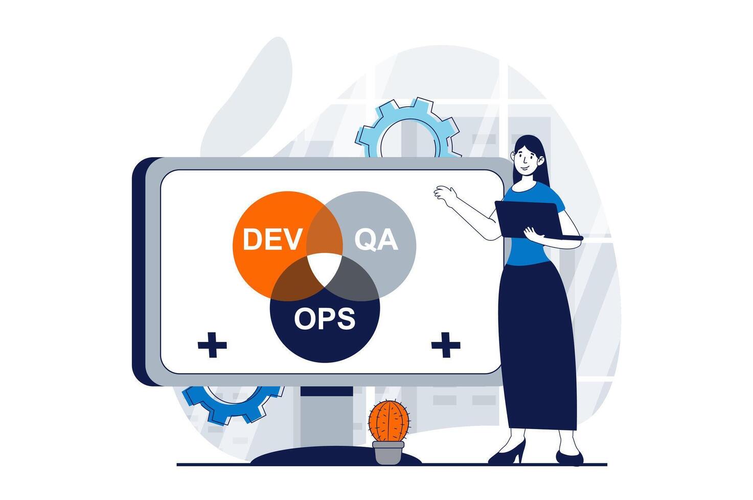 Devops Konzept mit Menschen Szene im eben Design zum Netz. Frau Überwachung und Optimierung Arbeitsablauf, Kommunikation und Verwaltung. Vektor Illustration zum Sozial Medien Banner, Marketing Material.