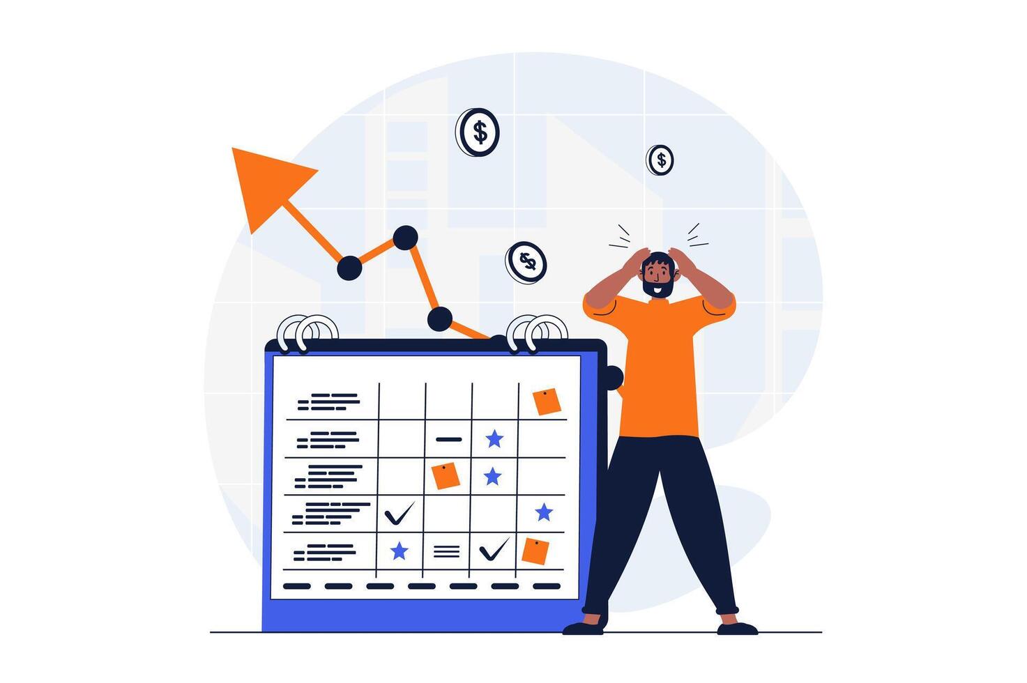 Geschäft Planung Netz Konzept mit Charakter Szene. Mann schafft Treffen im Kalender und eilt zu Fristen. Menschen Situation im eben Design. Vektor Illustration zum Sozial Medien Marketing Material.