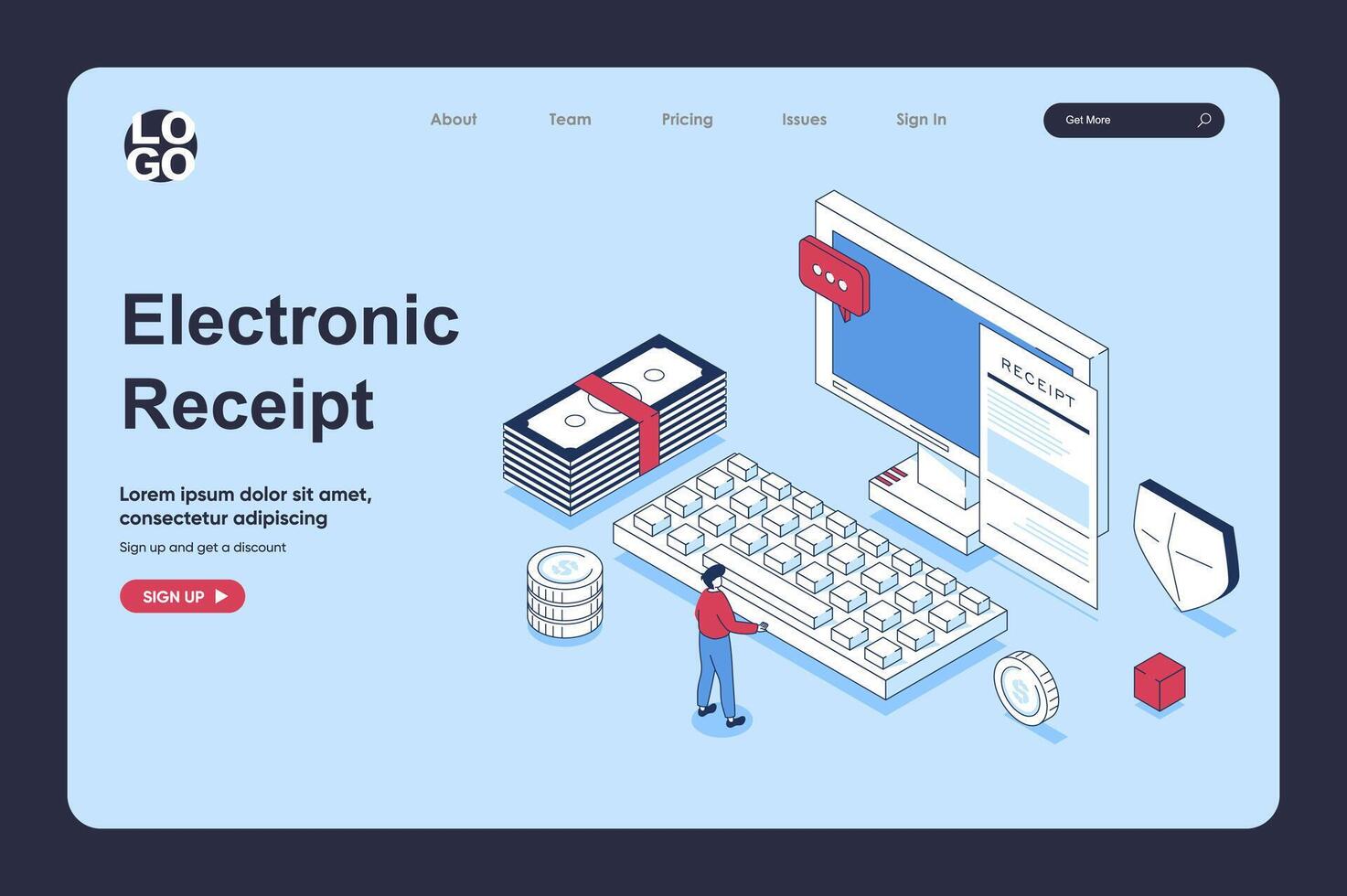 elektronisch Kassenbon Konzept im 3d isometrisch Design zum Landung Seite Vorlage. Menschen bezahlen Digital bilden von Rechnung oder überprüfen, wird bearbeitet MwSt Zahlen mit online Banken. Vektor Illustration zum Netz