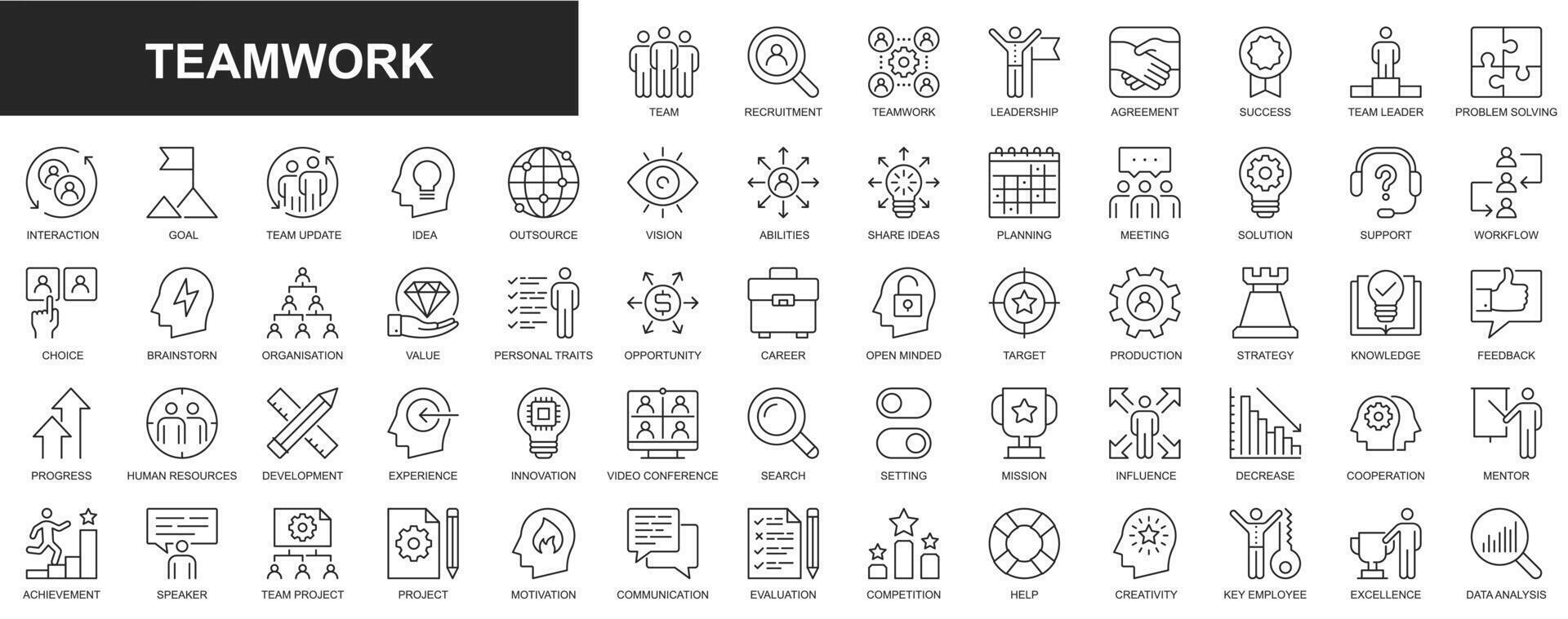 Zusammenarbeit Netz Symbole einstellen im dünn Linie Design. Pack von Team, Rekrutierung, Führung, Vereinbarung, Erfolg, Führer, Problem lösen, Interaktion, Ziel, Idee, Vision, andere. Vektor Gliederung Schlaganfall Piktogramme