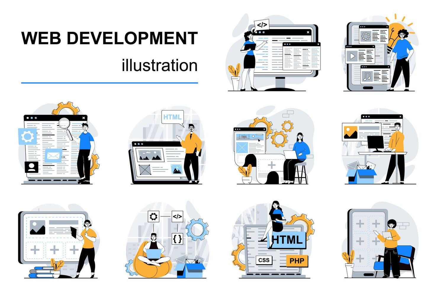 webb utveckling begrepp med karaktär situationer mega uppsättning. bunt av scener människor framställning webbplatser layouter, placering element och innehåll, kodning och testning. vektor illustrationer i platt design