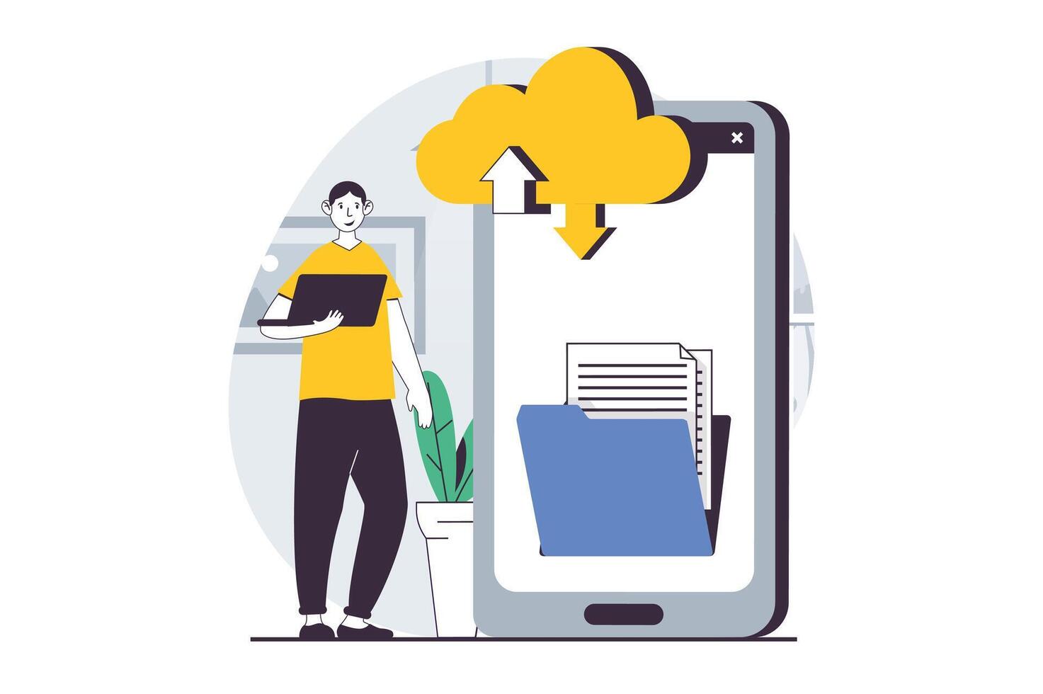 saas Konzept mit Menschen Szene im eben Design zum Netz. Mann Hochladen Dateien von Handy, Mobiltelefon App und mit Wolke wird bearbeitet oder Lagerung. Vektor Illustration zum Sozial Medien Banner, Marketing Material.