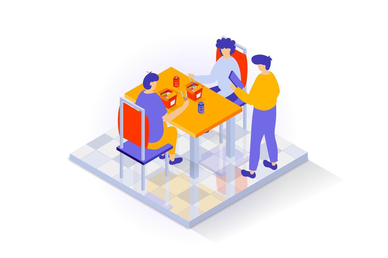Hem interiör begrepp i 3d isometrisk design. människor i dining rum med bricka golv Sammanträde på stolar på tabell och äter snabb mat måltider. vektor illustration med isometri scen för webb grafisk