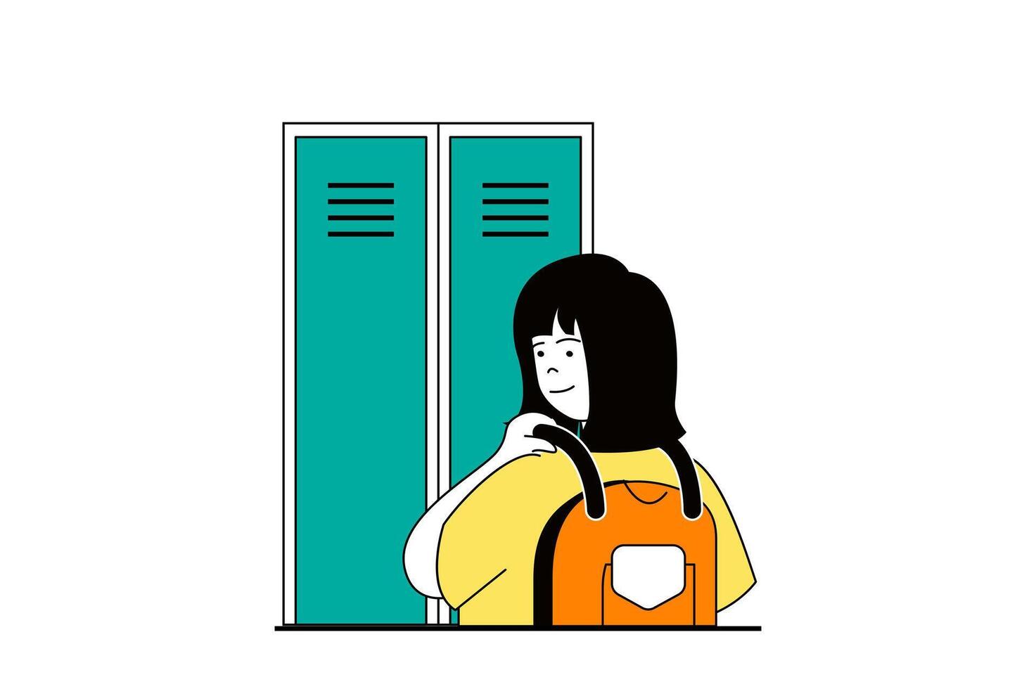 Bildung Konzept mit Menschen Szene im eben Netz Design. Schüler mit Rucksack Stehen durch Schließfach und vorbereiten zu Lektionen oder Prüfungen. Vektor Illustration zum Sozial Medien Banner, Marketing Material.