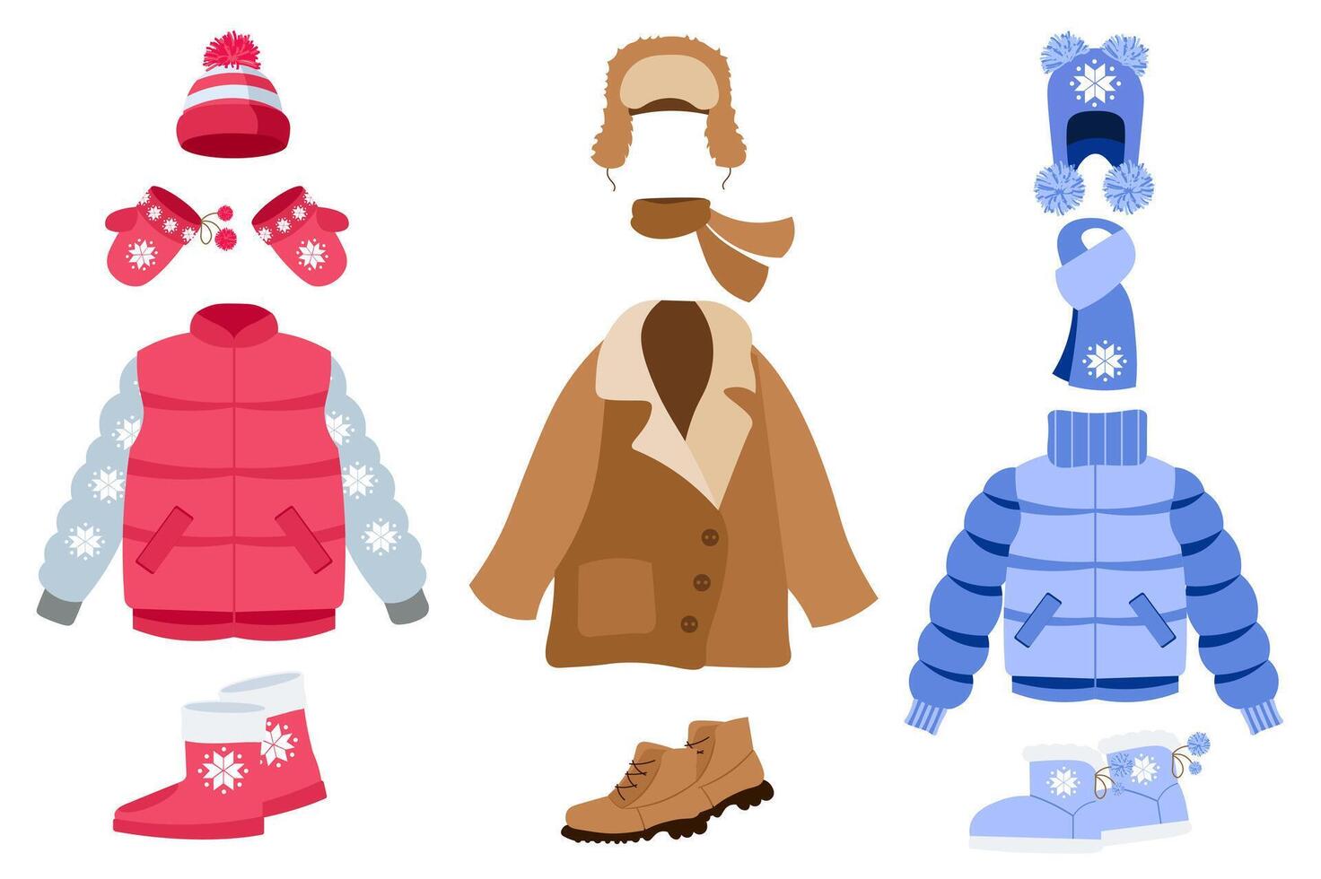 värma vinter- kläder mega uppsättning element i platt design. bunt av annorlunda täcka och jackor med snöflinga prydnad, vantar, hattar och halsdukar, stövlar. vektor illustration isolerat grafisk objekt
