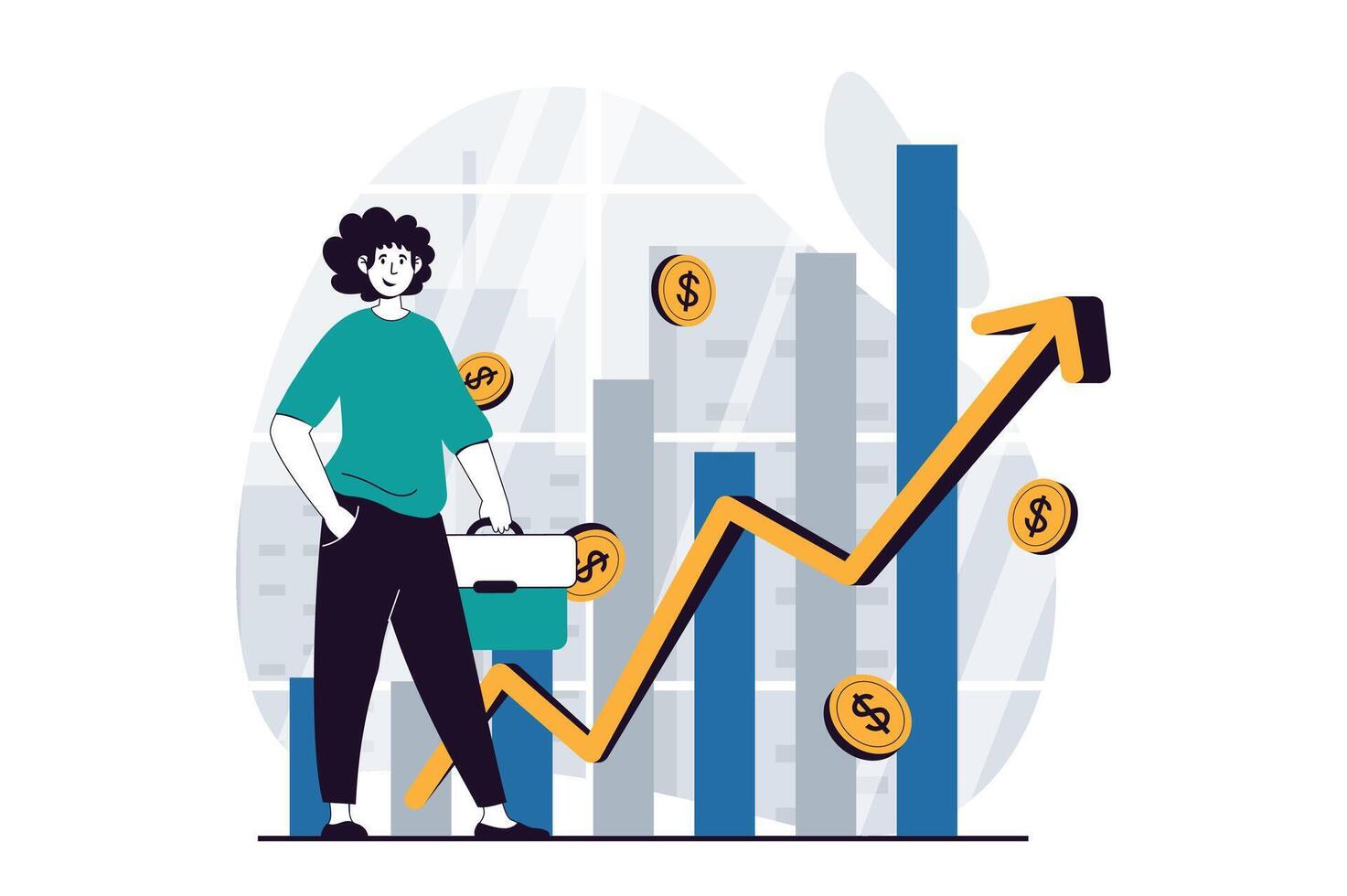 Geschäft Herstellung Konzept mit Menschen Szene im eben Design zum Netz. Mann Analysen Pfeil Graph von finanziell Wachstum und Erfolg Investitionen. Vektor Illustration zum Sozial Medien Banner, Marketing Material.