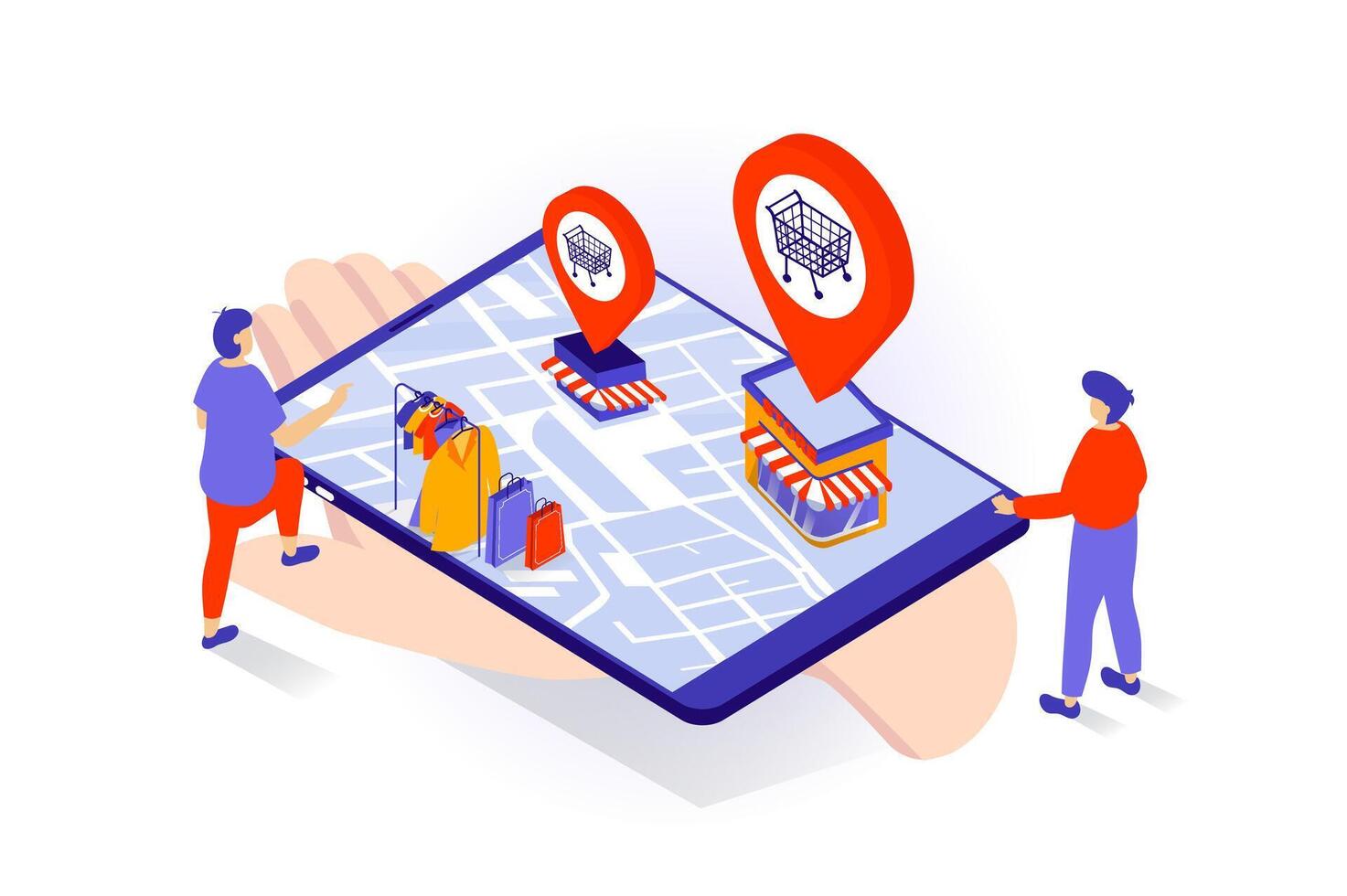online Einkaufen Konzept im 3d isometrisch Design. Menschen Herstellung Einkäufe beim Verkauf im Kleider Geschäft Handy, Mobiltelefon App und wählen Lieferung Punkt beim Karte. Vektor Illustration mit Isometrie Szene zum Netz Grafik