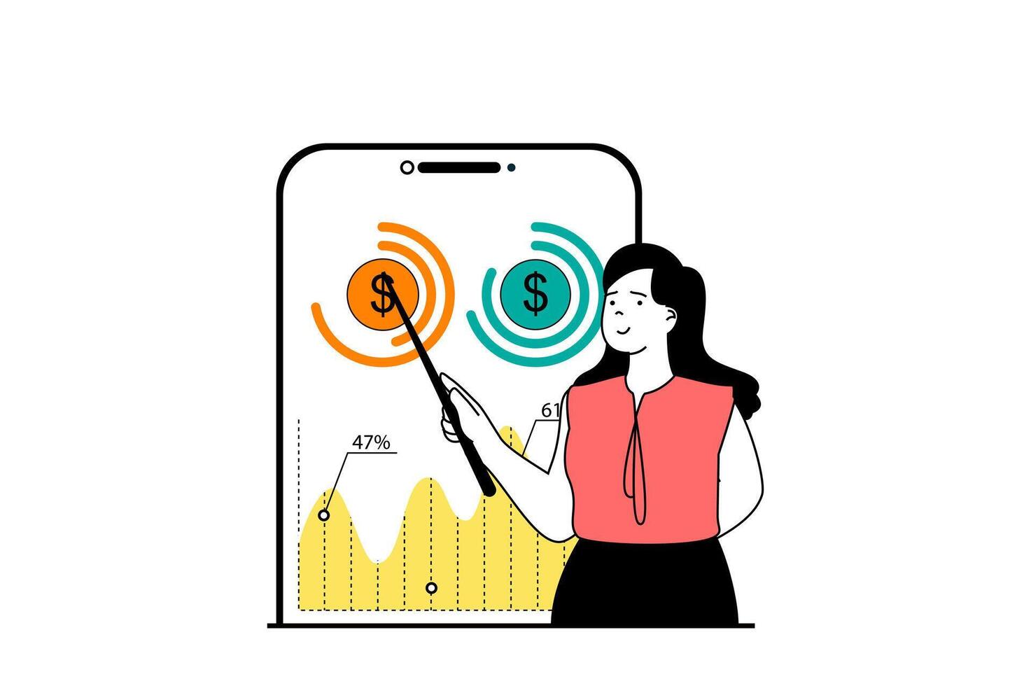 finansiera begrepp med människor scen i platt webb design. kvinna förvaltar finansiell balans och kontrollerande budget använder sig av data Graf i app. vektor illustration för social media baner, marknadsföring material.