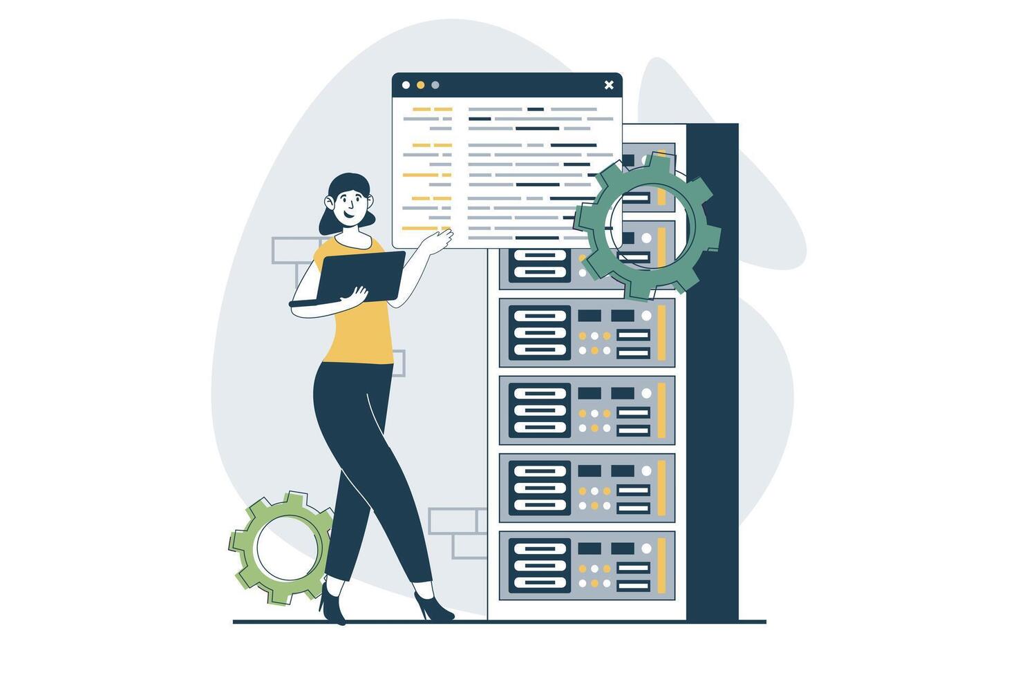 server underhåll begrepp med människor scen i platt design för webb. kvinna övervakning i hårdvara kuggstång rum, inställningar och teknik. vektor illustration för social media baner, marknadsföring material.