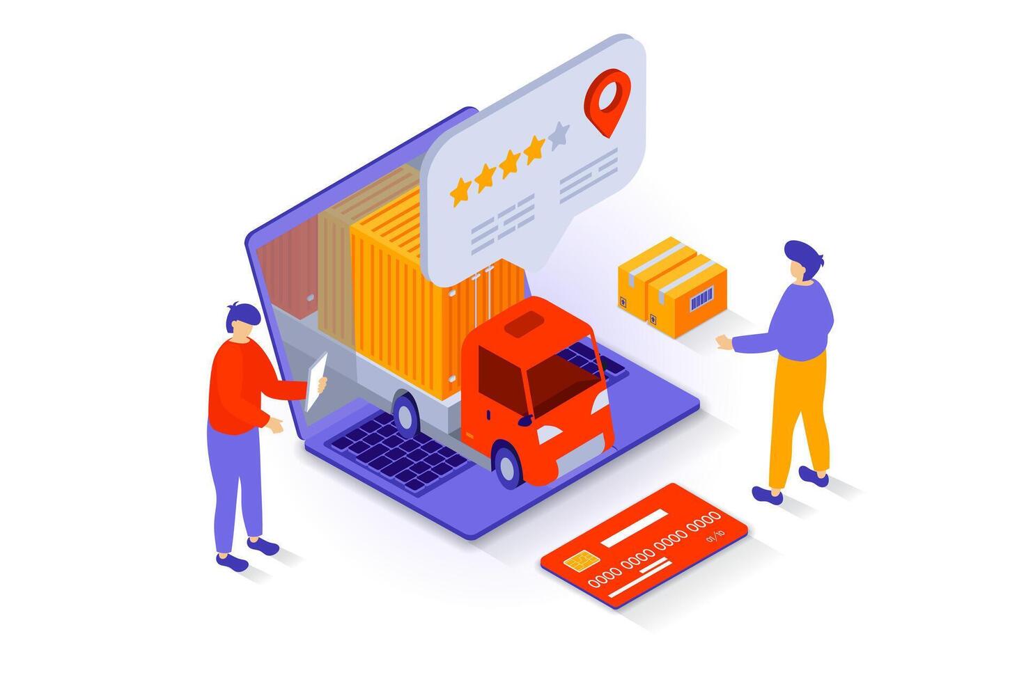 transport och logistik begrepp i 3d isometrisk design. människor välja leverans företag med Bra betyg för beställning frakt förbi lastbil. vektor illustration med isometri scen för webb grafisk