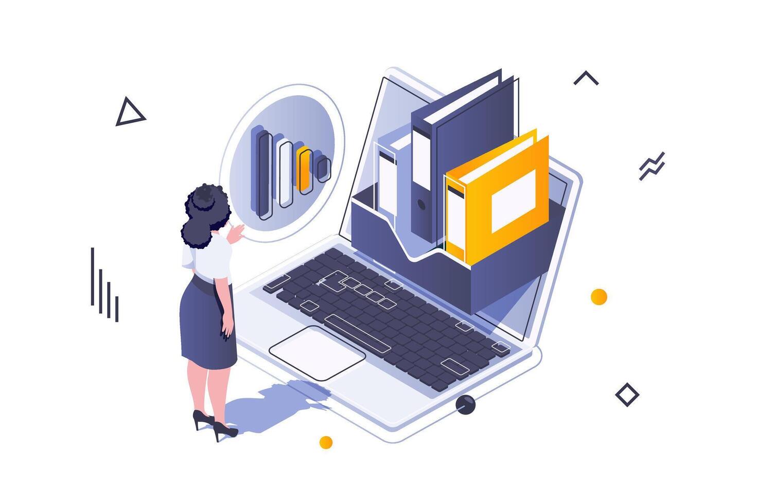 företag marknadsföring begrepp i 3d isometrisk design. kvinna analyserar data och arbetssätt med dokument, planera och utvecklande projekt. vektor illustration med isometrisk människor scen för webb grafisk