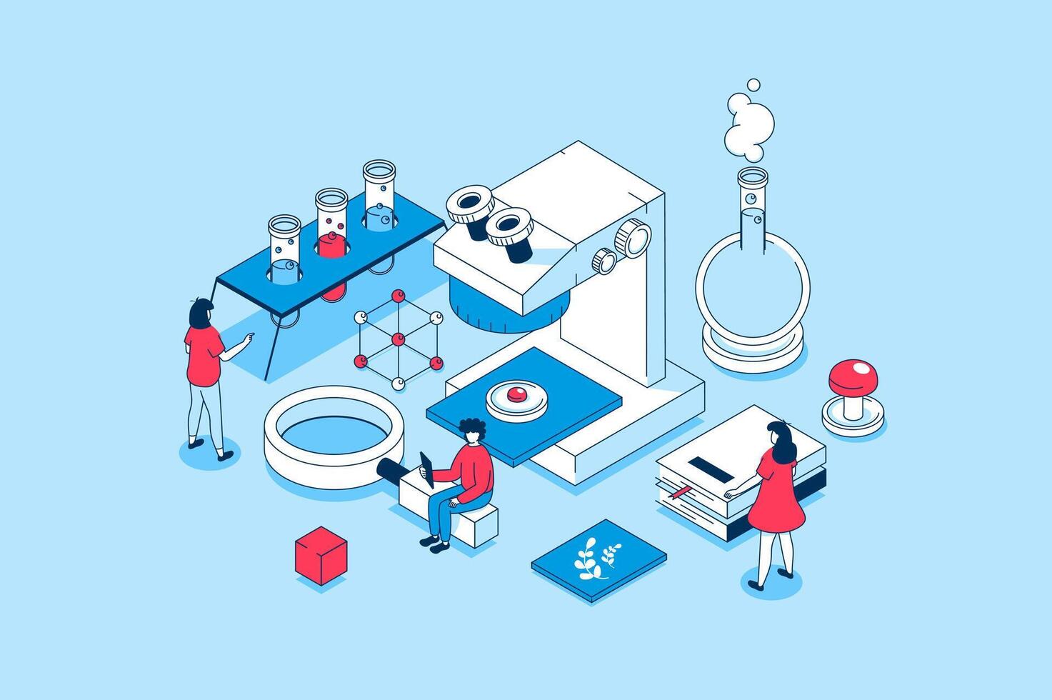 vetenskap laboratorium begrepp i 3d isometrisk design. människor forska blod eller virus på mikroskop i labb, håller på med kemikalier tester i kolvar. vektor illustration med isometri scen för webb grafisk