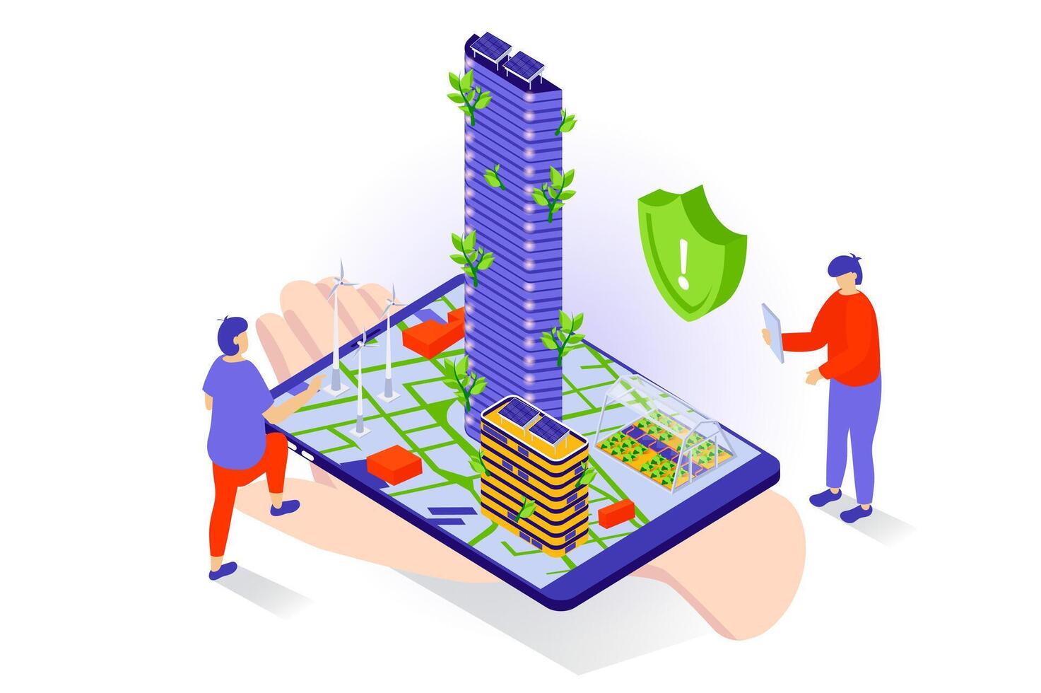 eco livsstil begrepp i 3d isometrisk design. människor använder sig av grön energi teknologi och avfall förvaltning i smart stad med eco infrastruktur. vektor illustration med isometri scen för webb grafisk