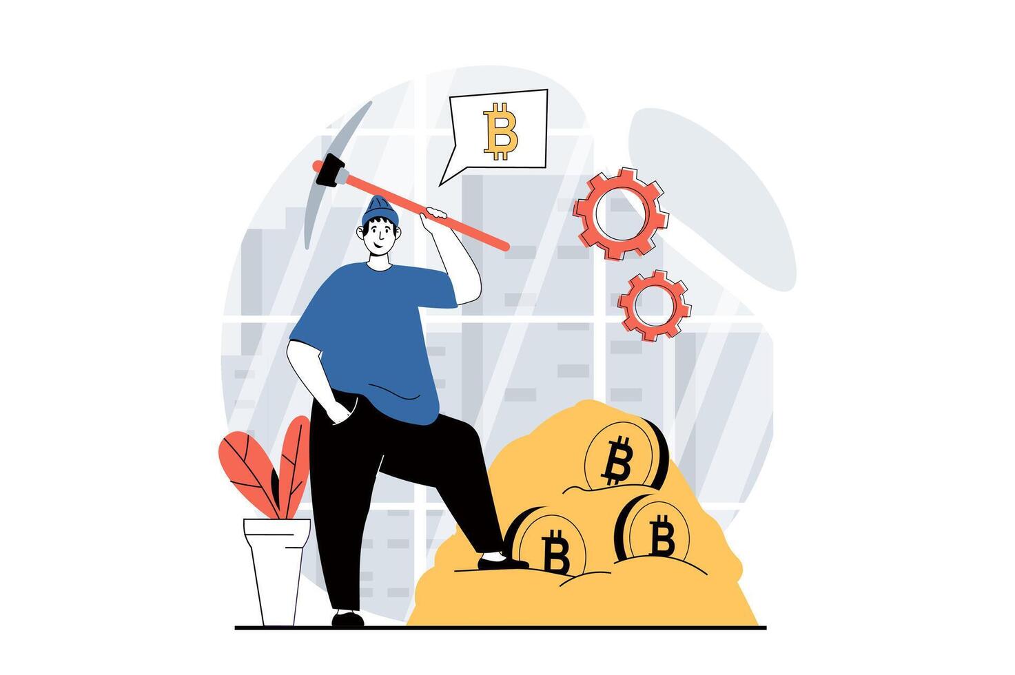 kryptovaluta brytning begrepp med människor scen i platt design för webb. man med pickaxe brytning bitcoins och tjäna virtuell pengar. vektor illustration för social media baner, marknadsföring material.