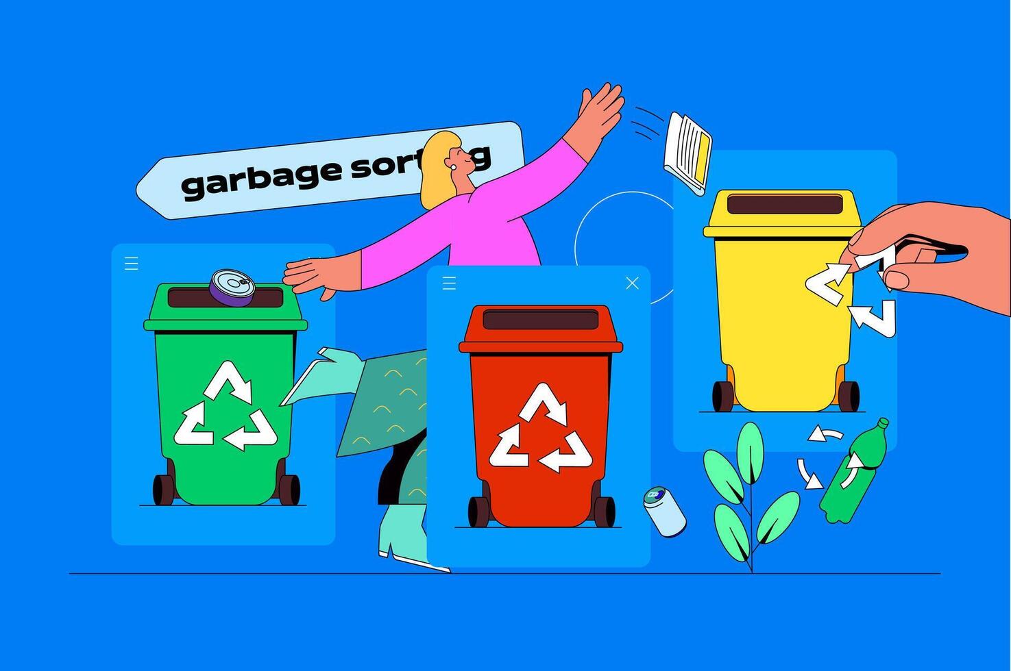 Abfall Verwaltung Netz Konzept mit Charakter Szene. Frau Sammeln und Trennung Müll zum anders Behälter zum recyceln. Menschen Situation im eben Design. Vektor Illustration zum Marketing Material.