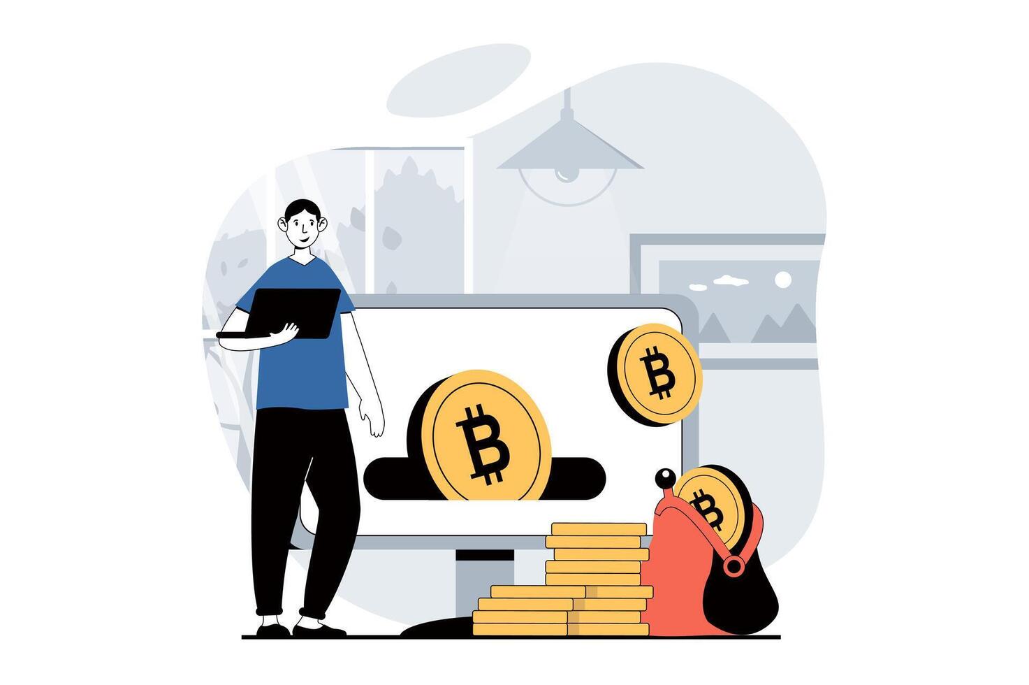 Kryptowährung Bergbau Konzept mit Menschen Szene im eben Design zum Netz. Mann Bergbau Bitcoins, verdienen Geld beim virtuell Krypto Geldbörsen. Vektor Illustration zum Sozial Medien Banner, Marketing Material.