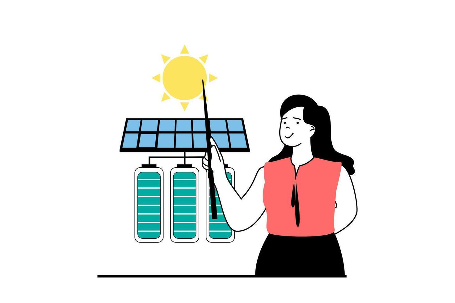 grön energi begrepp med människor scen i platt webb design. kvinna användningar alternativ teknologi för energi generation förbi sol- paneler. vektor illustration för social media baner, marknadsföring material.