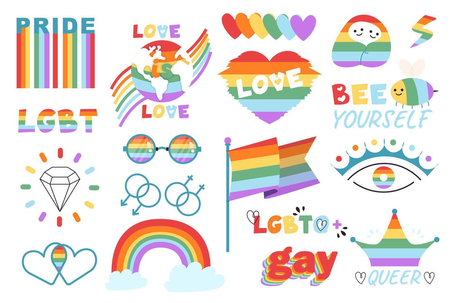 lgbt Mega einstellen im Grafik eben Design. bündeln Elemente von Regenbogen Symbole von lgbtq Bewegung, Liebe und Herzen, Venus und Mars Zeichen, Diamant, Sein du selber und andere. Vektor Illustration isoliert Aufkleber