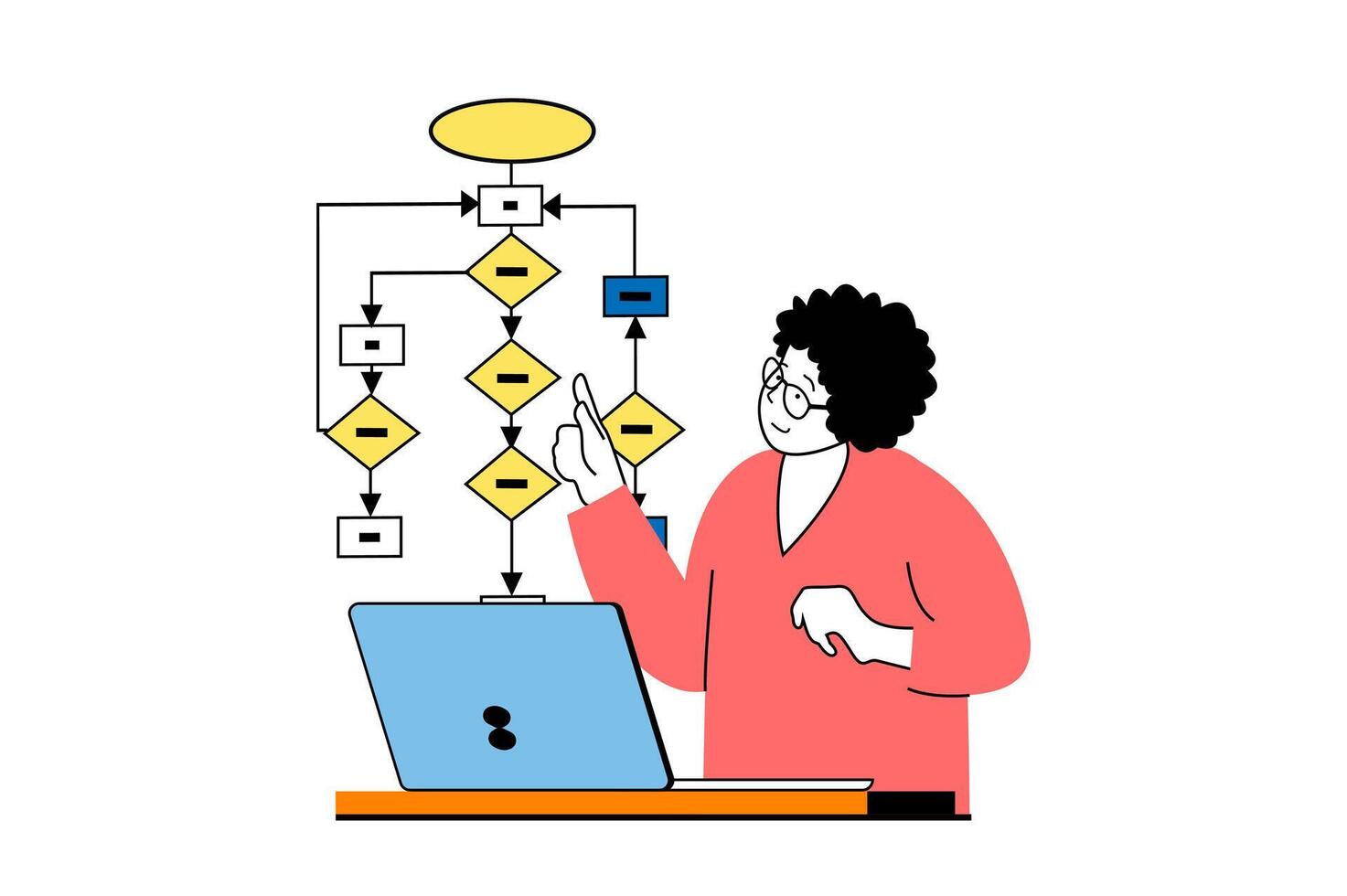 Bildung Konzept mit Menschen Szene im eben Netz Design. Frau Lehren im Universität und erklären Algorithmus beim E-Learning Webinar. Vektor Illustration zum Sozial Medien Banner, Marketing Material.