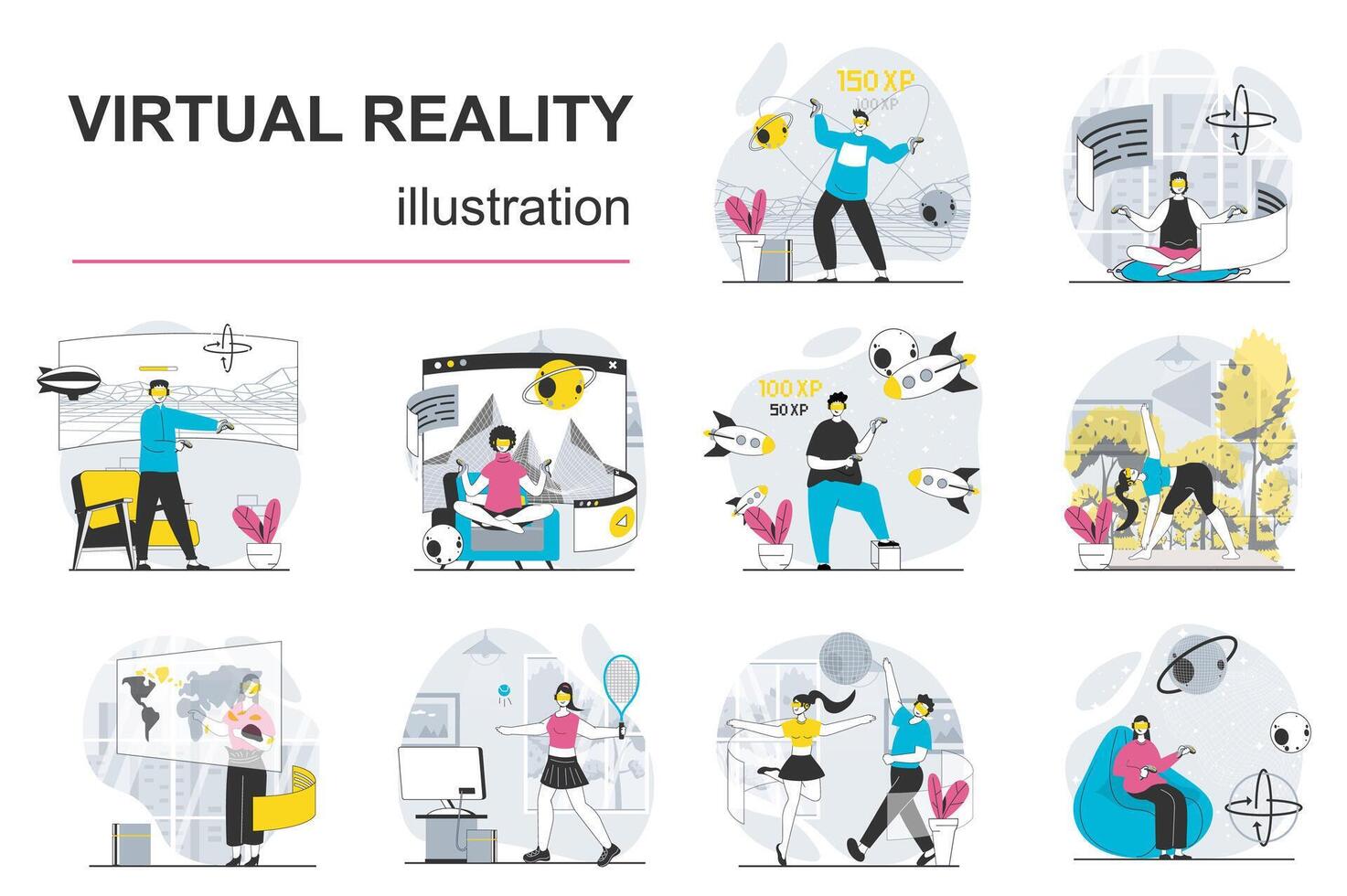 virtuell verklighet begrepp med karaktär situationer mega uppsättning. bunt av scener människor i vr headsetet arbetssätt, Träning, framställning forskning, inlärning i cyberrymden. vektor illustrationer i platt webb design