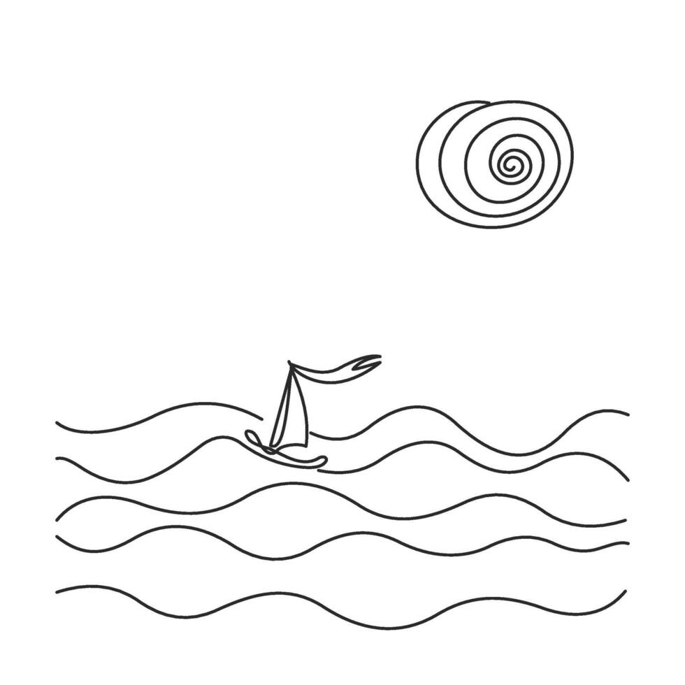 kontinuierlich einer Linie Hand Zeichnung. Meer Landschaft Kunst. Boot im Welle. Sonne im das Wolken Himmel. einstellbar schwarz Schlaganfall transparent Hintergrund. Single Gliederung Gekritzel minimalistisch Design Vektor Illustration.