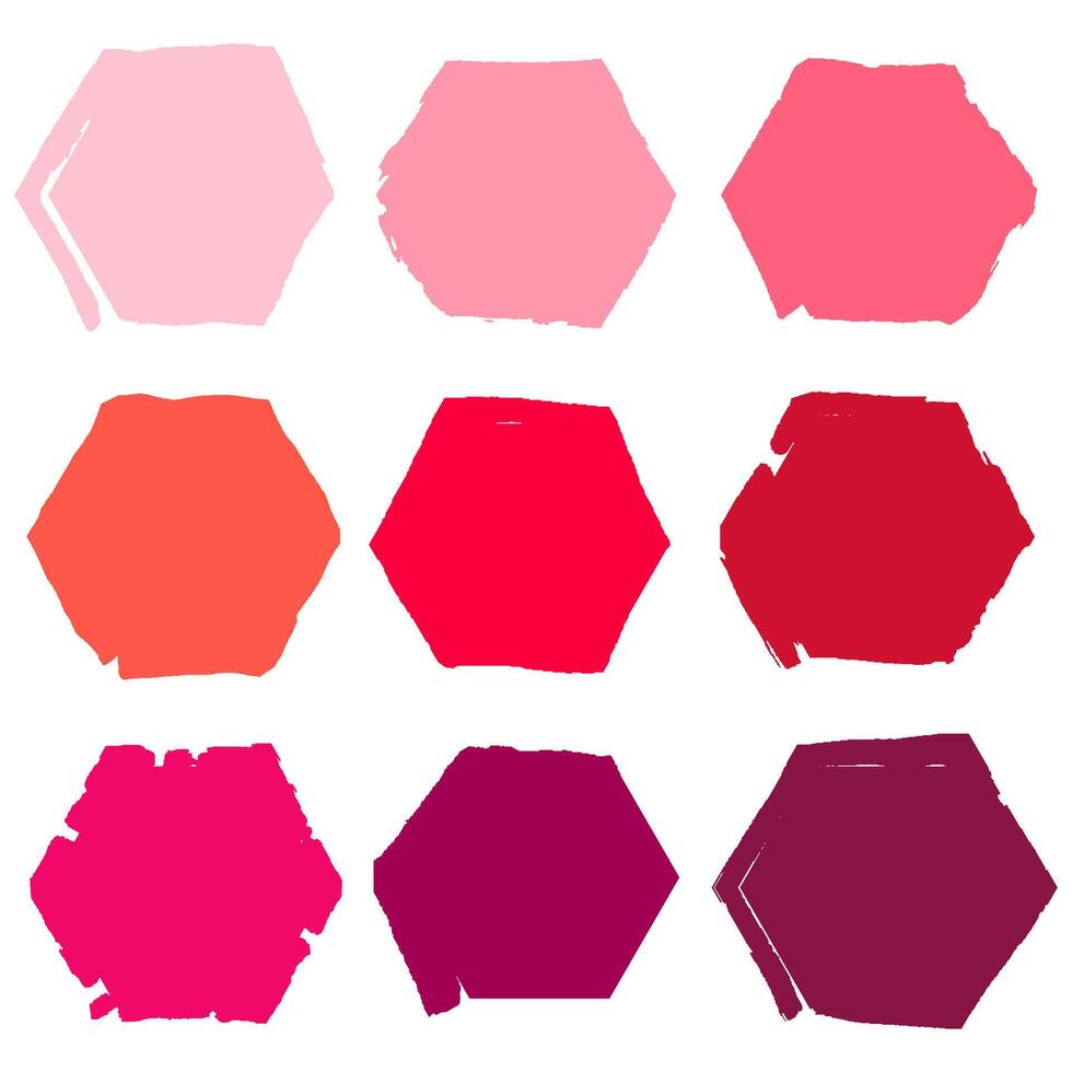 vektor hexagonal fläckar, rosa fläckar isolerat på vit. uppsättning av grunge former med ojämn grov kanter. 9 design ämnen, bakgrunder, design tillgångar, banderoller