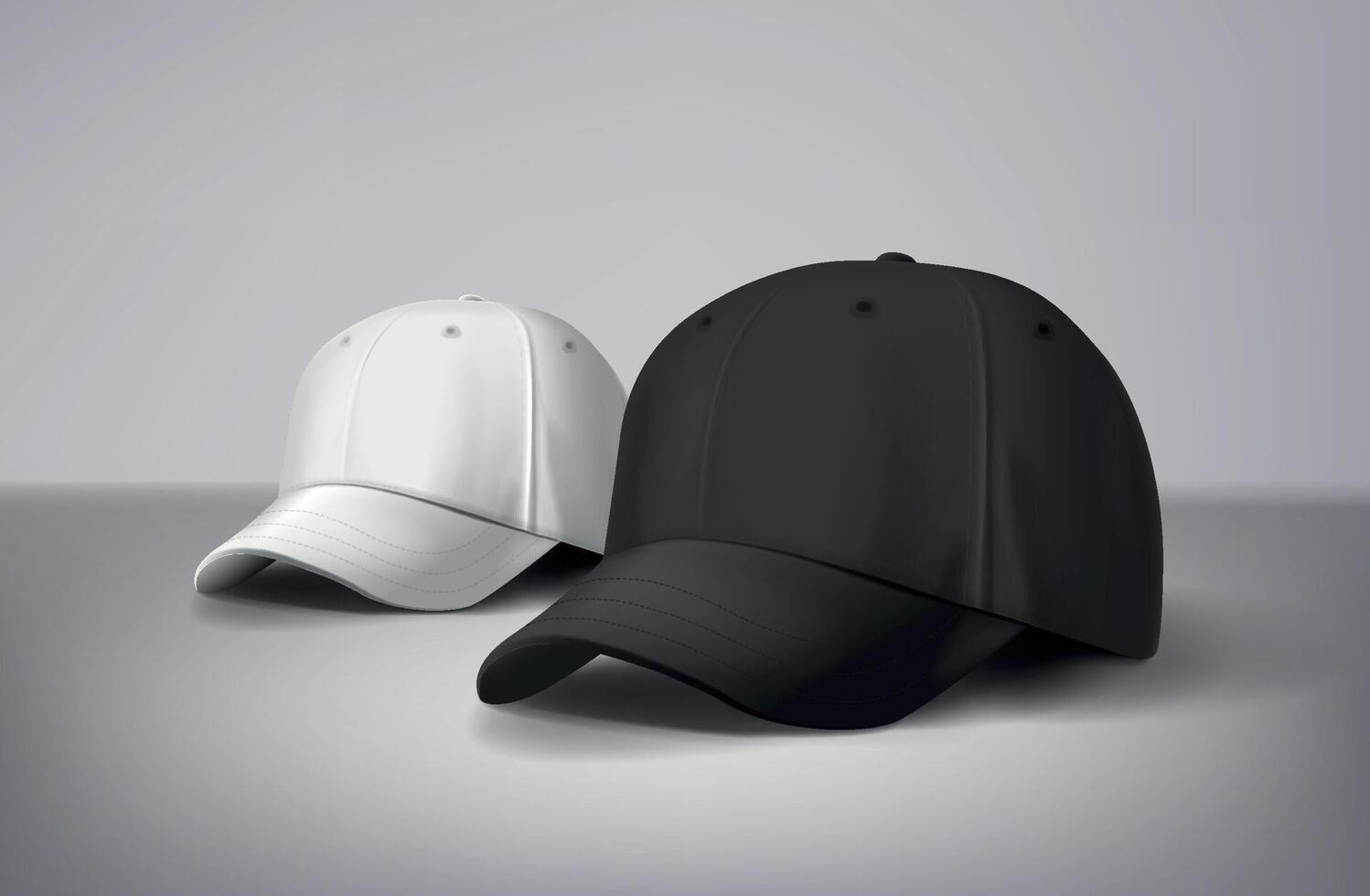 schwarz und Weiß Baseball Kappen spotten oben im grau Hintergrund, Vorderseite und zurück oder anders Seiten. zum branding und Werbung. vektor