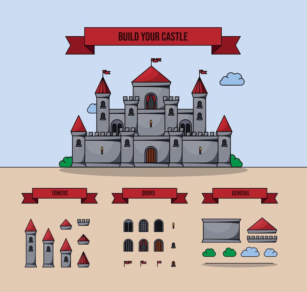 medeltida vektor slott ikon uppsättning. tecknad serie fe- berättelse slott torn ikon.