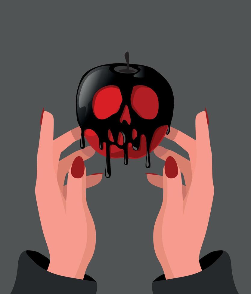 Hexe halten vergiftet rot Apfel beschichtet im Schädel Gift. Halloween Konzept. vektor
