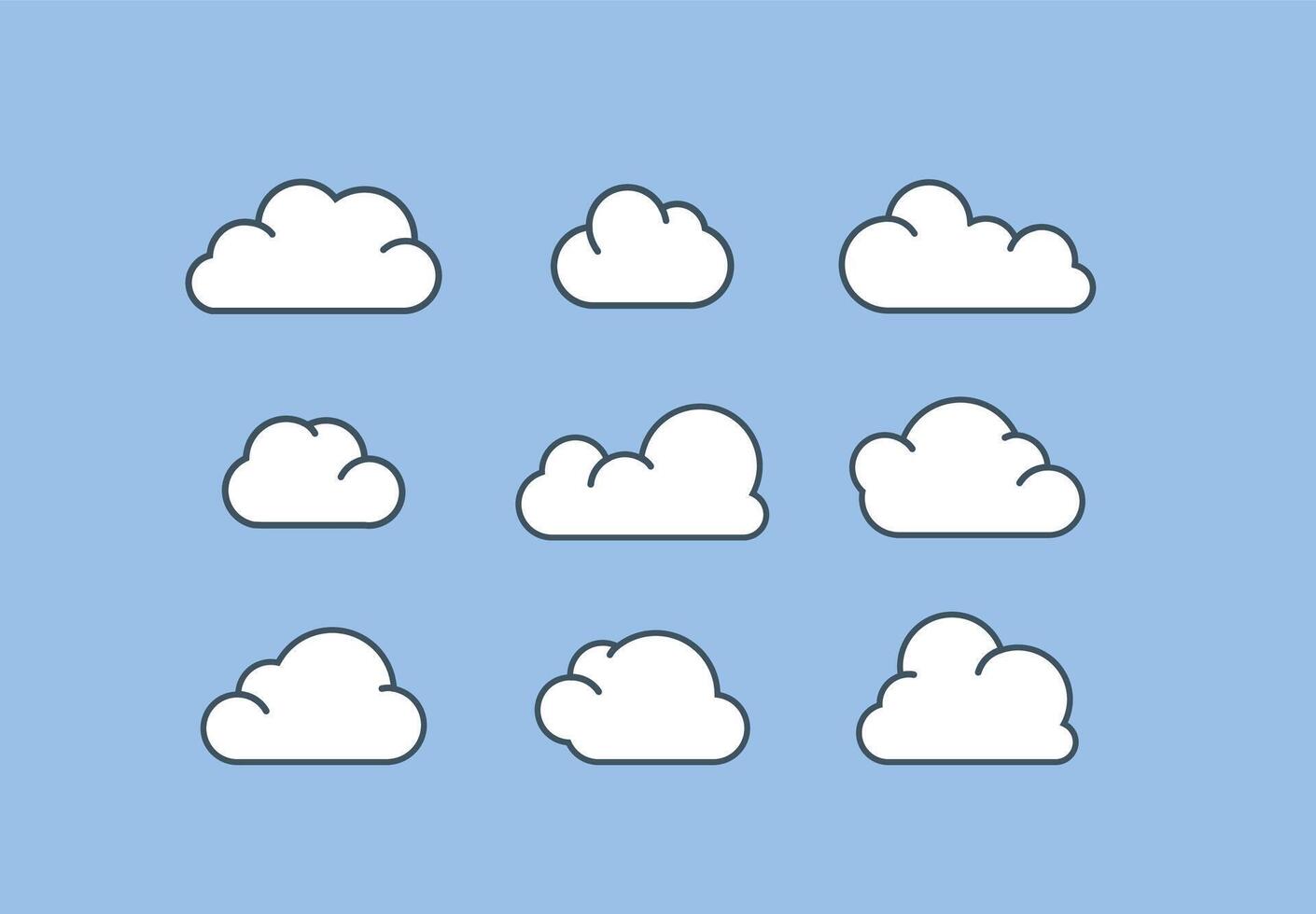 uppsättning av moln ikoner i modern platt stil isolerat på blå bakgrund. vektor