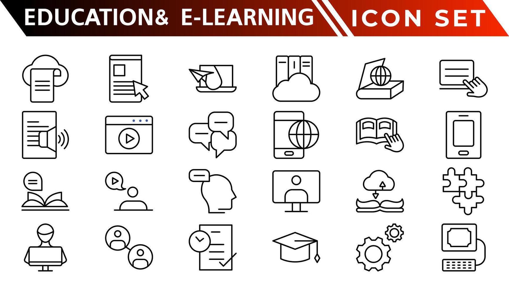 Bildung und E-Learning Netz Symbole im Linie Stil. Schule, Universität, Lehrbuch, Lernen. Vektor Illustration