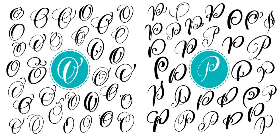 Ange bokstav O, P. Handdragen vektor blomstra kalligrafi. Skript typsnitt. Isolerade bokstäver skrivna med bläck. Handskriven penselstil. Handbokstäver för logotypemballage