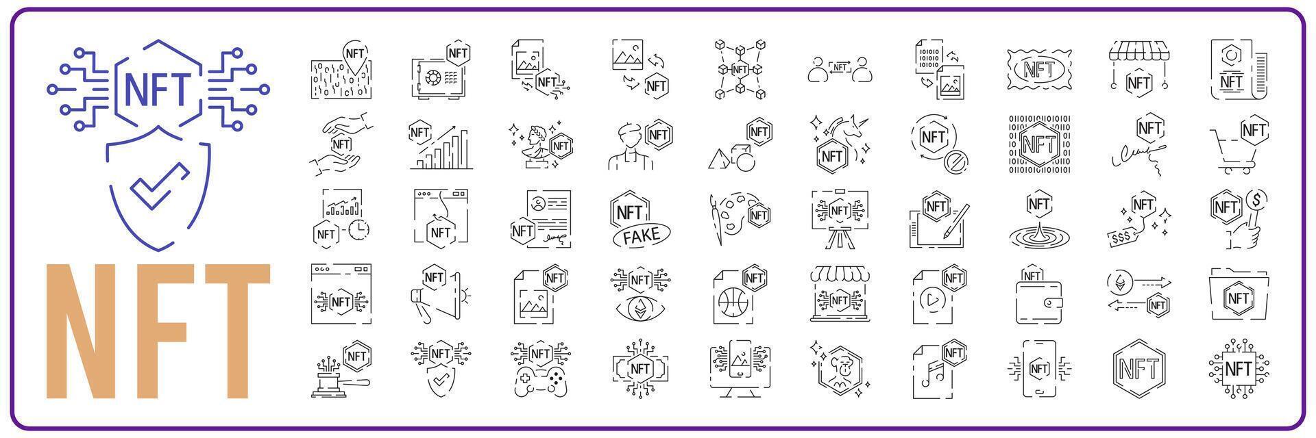 nft linje ikoner uppsättning. redigerbar stroke. vektor tecken symbol digital crypto mynt tecken.