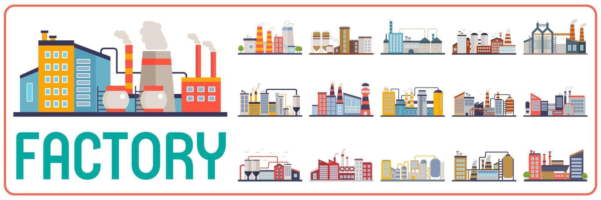 fabrik byggnader, kraft elektricitet, industri fabrik byggnader platt dekorativ ikoner uppsättning isolerat vektor illustration.