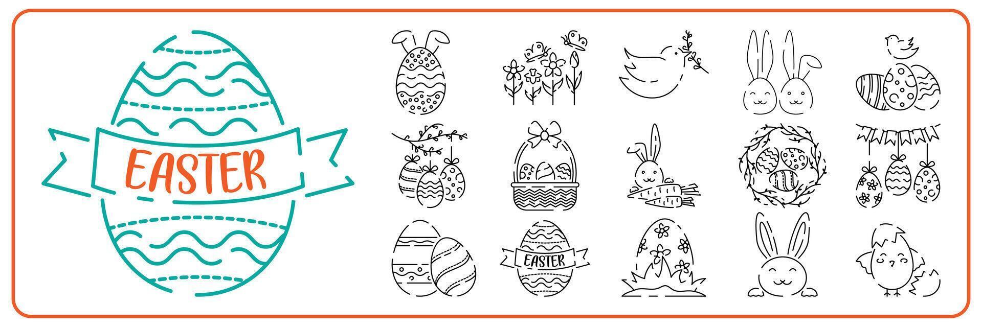 Lycklig påsk linje ikon uppsättning. vektor Semester tecken ägg, fågel och kanin eller blomma vår.