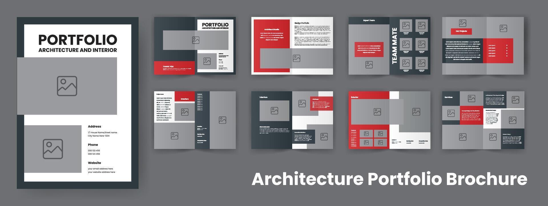 minimalistisch die Architektur Portfolio Layout Vorlage. Innere Design Portfolio Broschüre. schwarz und rot vektor