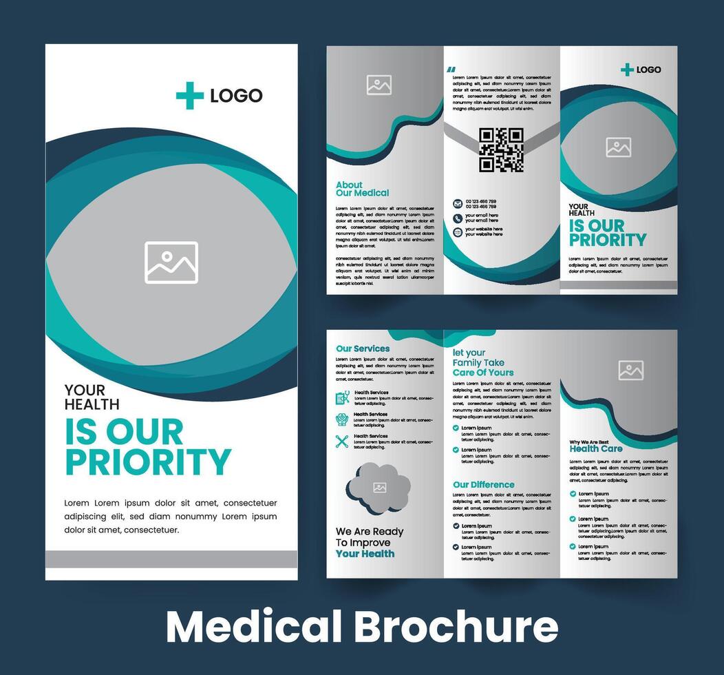 hälsa trifold broschyr mall. medicinsk katalog broschyr design. abstrakt Marin blå accent flygblad vektor
