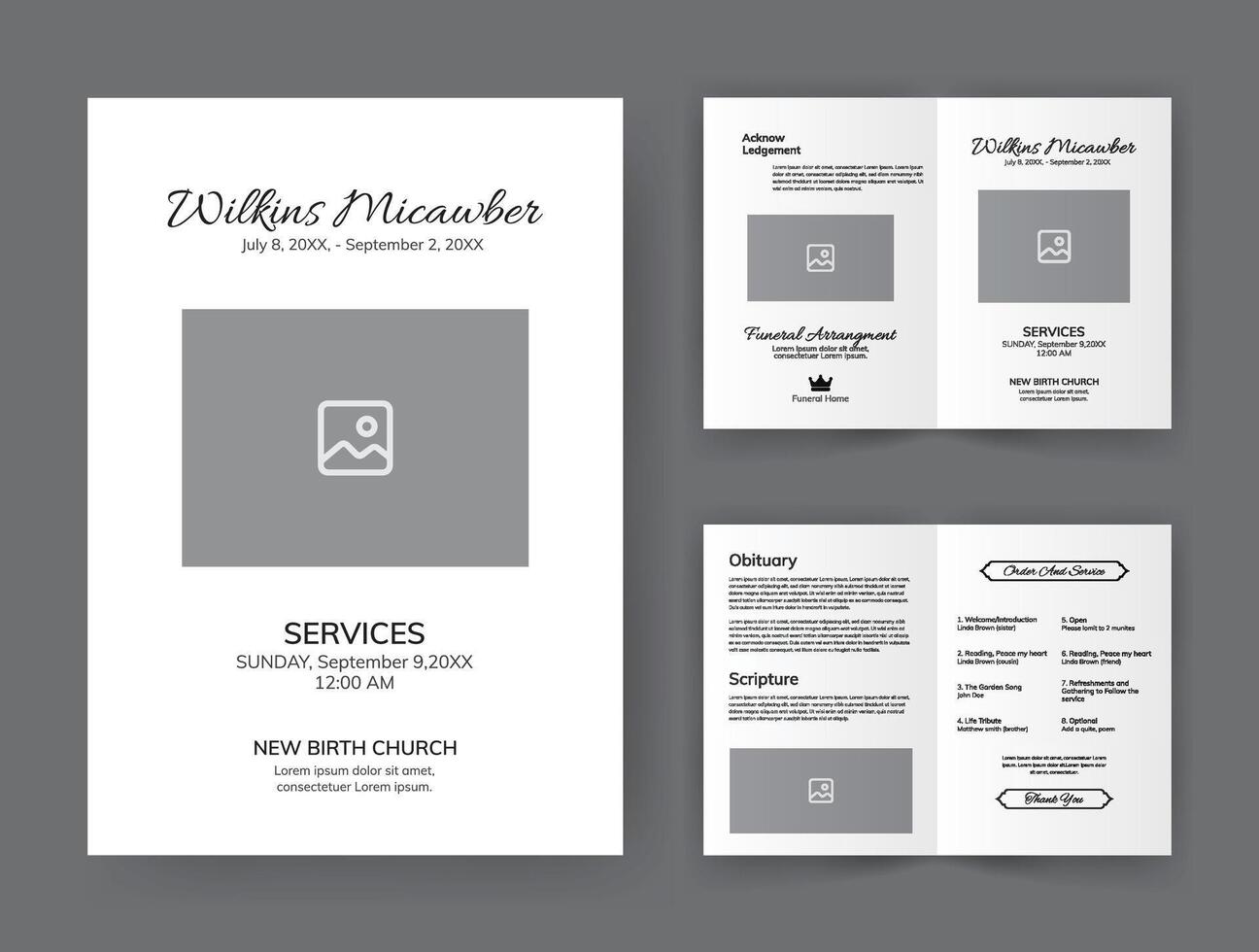 begravning mall för minnesmärke program. minimalistisk bifold broschyr design layout. vektor