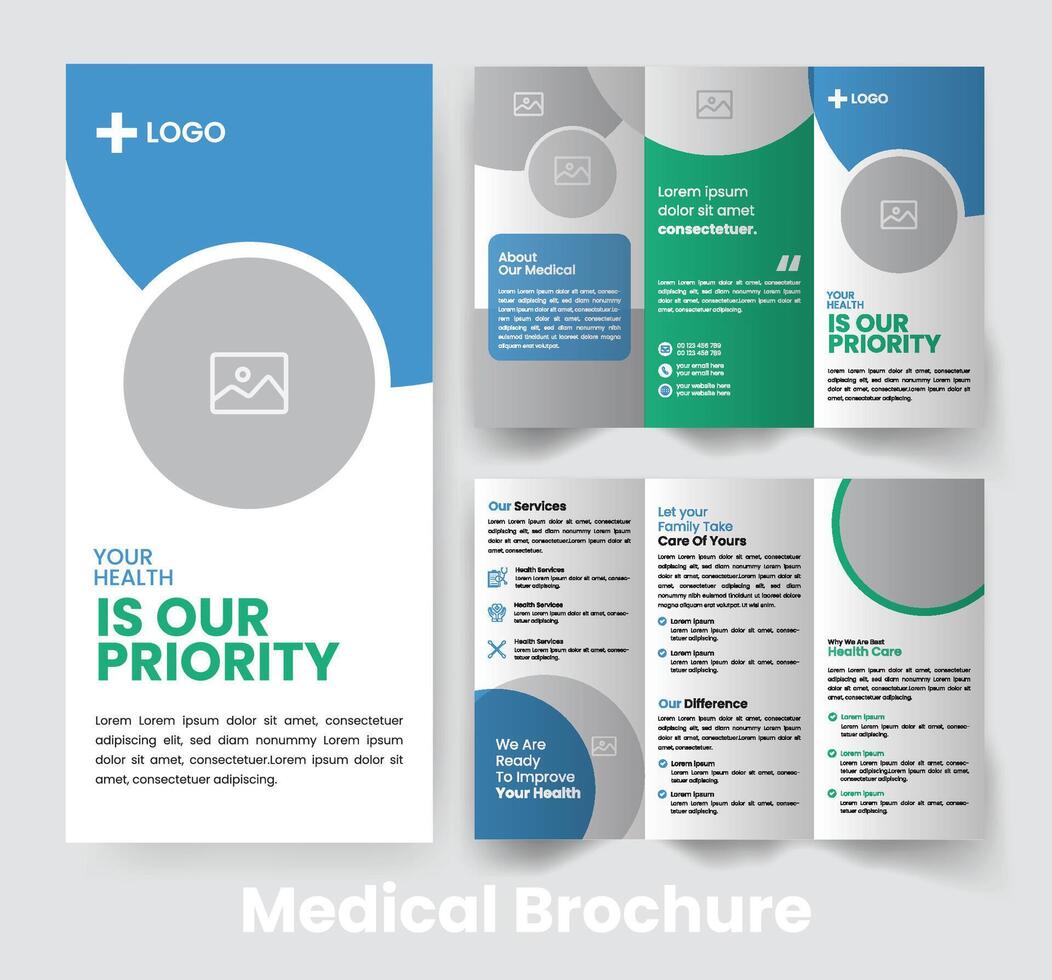 hälsa trifold broschyr mall. medicinsk katalog broschyr design. blå accent flygblad vektor