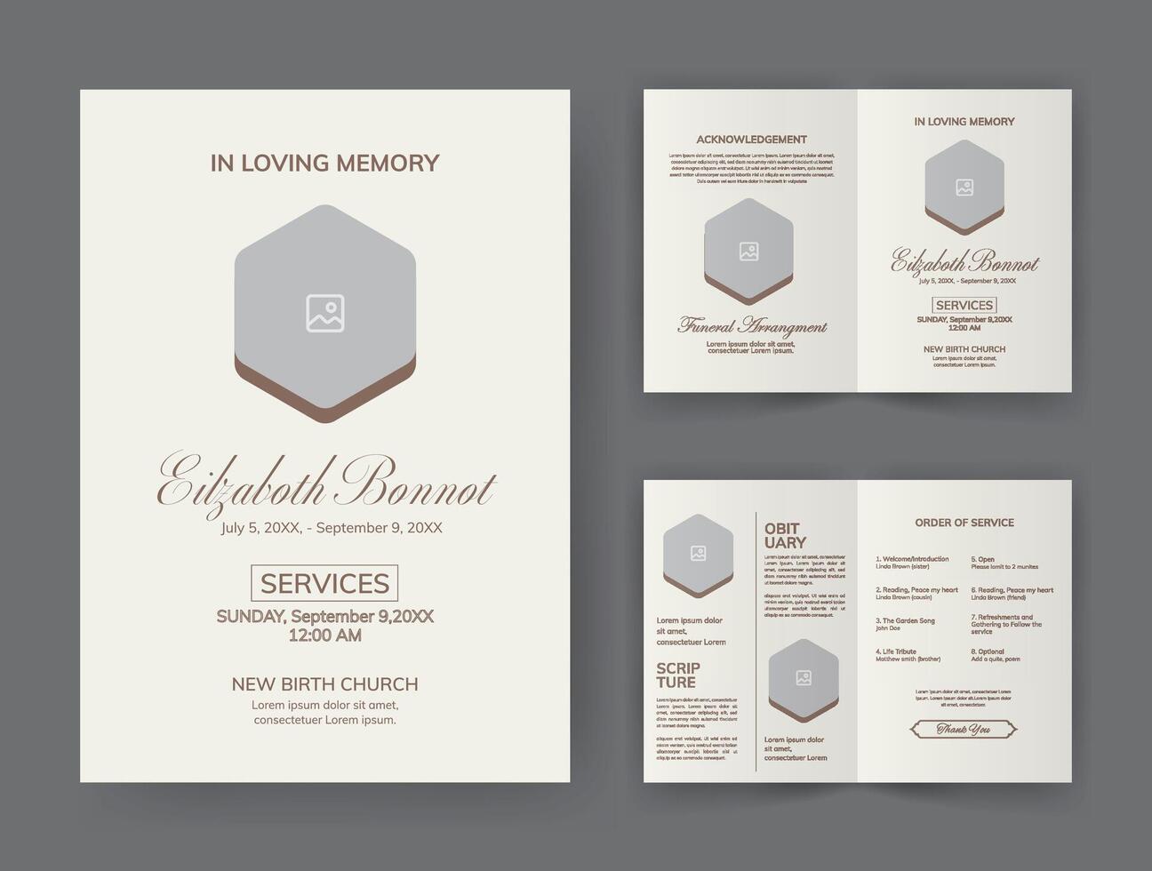 Beerdigung Vorlage zum Denkmal Programm. minimalistisch Bifold Broschüre Design Layout. vektor