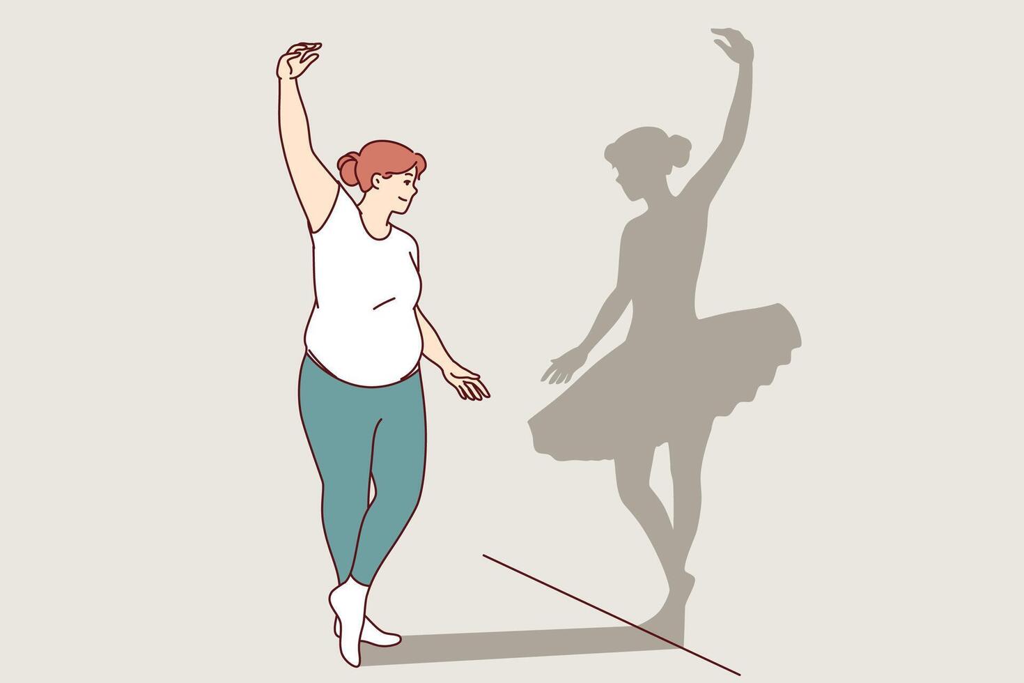 Übergewicht Frau Träume von Werden Ballerina und bekommen loswerden Überschuss Gewicht, sieht Schatten dünn Mädchen vektor