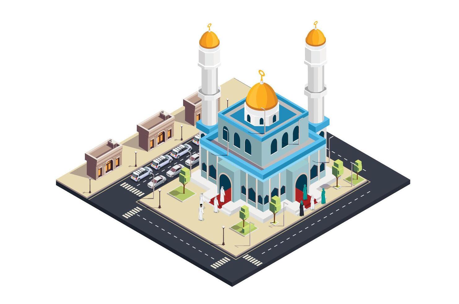 3d isometrisk vektor illustration av församlings- bön på en moské i de mitten av de stad nära de huvud väg. lämplig för diagram, infografik, bok illustration